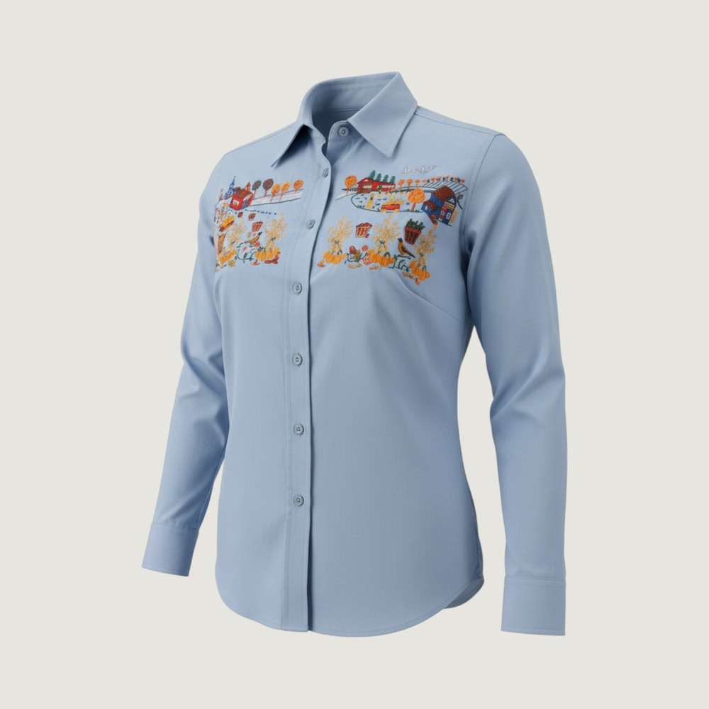 Casey Coleman Womens Blue Cotton Embroidered Harvest Farm Scene Shirt SM